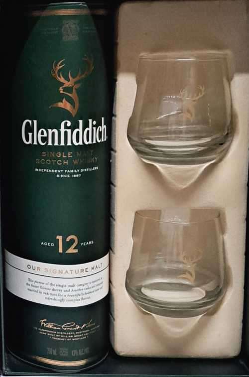 GLENFIDDICH 12 YEAR`S BOXED INCLUDES 2GLASSES NO BOTTLE FOR BAR /MANCAVE DISPLAY PIECE.