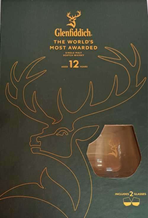 GLENFIDDICH 12 YEAR`S BOXED INCLUDES 2GLASSES NO BOTTLE FOR BAR /MANCAVE DISPLAY PIECE.