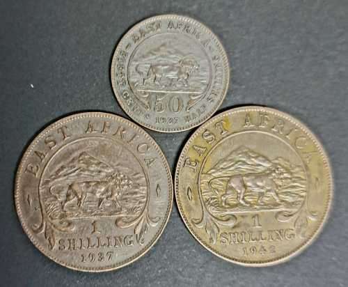 2×1 SHILLINGS COINS +FIFTY CENTS   2×1937  &  1×1942.   3 SILVER COINS  21GRAMS  EAST-AFRICA