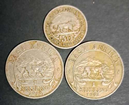 3× BRITISH EAST AFRICA COINS 2× 1 SHILLING  & 50c  COINS  3COINS   SCARSE ?