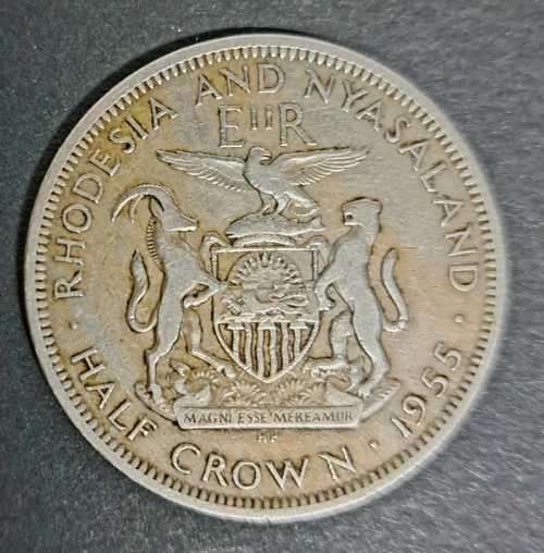 SCARCE  RHODESIA & NYASALAND 1955 HALF-CROWN  COIN  CV  :  R 620.00  AFRICA -COIN !!!!.
