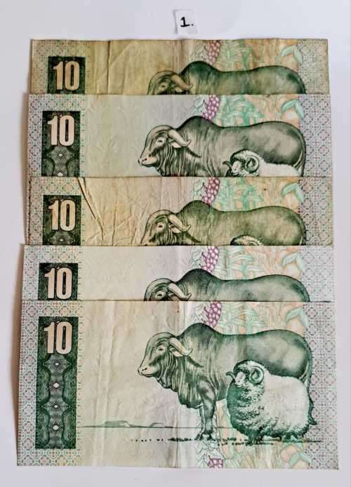 SIUD-AFRIKAANS RESERWEBANK SET OF 5×R10 NOTES! !!!!,
