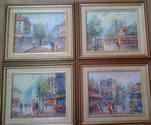 4 Oil paintings of Paris in Elegant gilded frames.