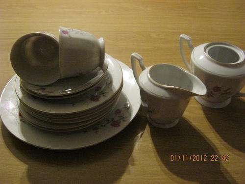 Beautiful cups, saucers, milk jug, sugar bowl and Cake Plate
