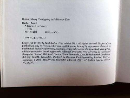 A Farewell to France, Noel Barber [1st edition, 1983, Hodder and Stoughton, London]