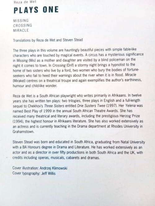 Plays One: Missing/ Crossing/ Miracle, Reza de Wet