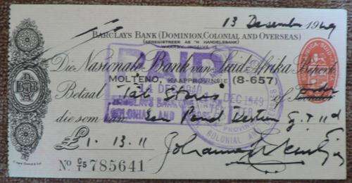 JOHANNES MEINTJES, Original autograph on bankcheque.