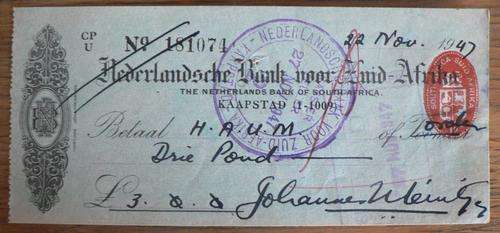 JOHANNES MEINTJES, Original autograph on bankcheque.