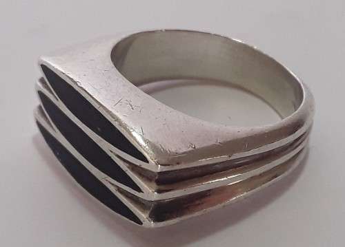 Rare `Poul Warmind` Mid-Century Modernist Sterling Silver and Black Enamel Ring.