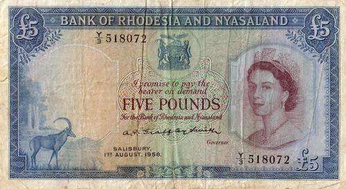 RHODESIA AND NYASALAND 5 POUND....R1 NO RESERVE
