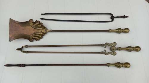 Antique Brass Fireside Companion Set with long decorative handles.