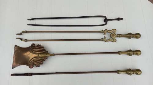 Antique Brass Fireside Companion Set with long decorative handles.
