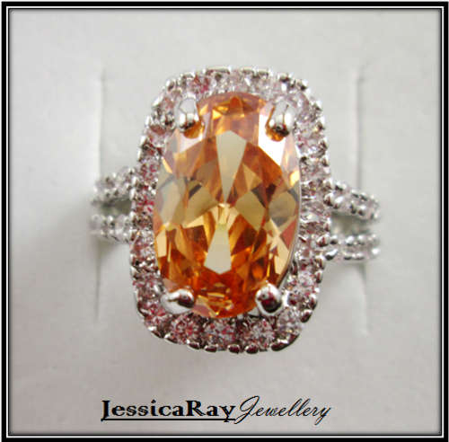 Silver Ring with Split Shank, set with a Champaign Morganite & Accented White Topaz - USA SIZE 5.5