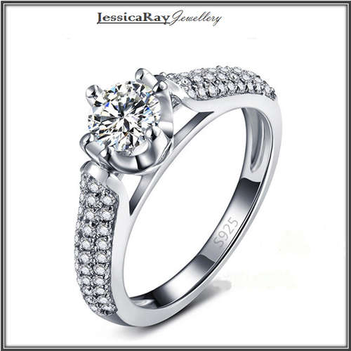 Cathedral Solitaire Cubic Zirconia with Accented Shank - Silver - USA SIZE 7