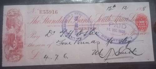 4 x 1928 Standard Bank of South Africa Bank Cheques