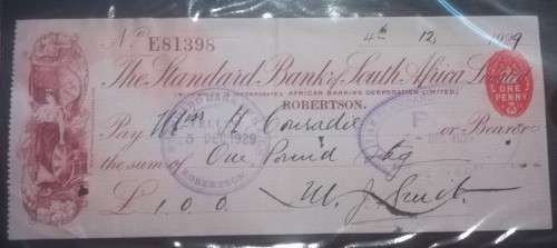 5 x 1929 Standard Bank of South Africa Bank Cheques