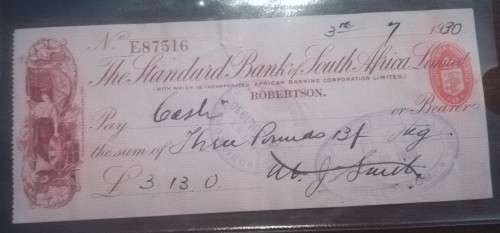 10 x 1930 Standard Bank of South Africa Bank Cheques