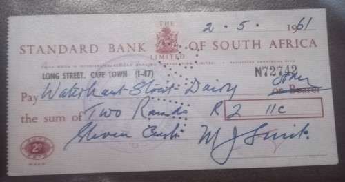 10 x 1961 Standard Bank of South Africa Bank Cheques