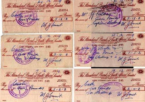6X 1959 Standard Bank Cheques