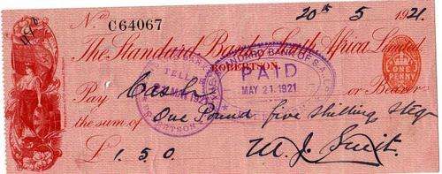 10x 1921 Standard Bank Cheques