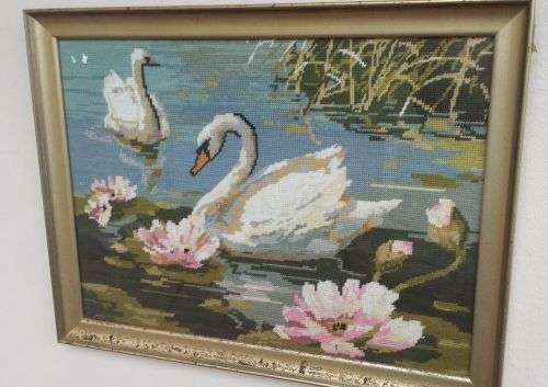 TAPESTRY   "SWANS AND WATER LILIES"  SIZE    56X42 CM WITH FRAME