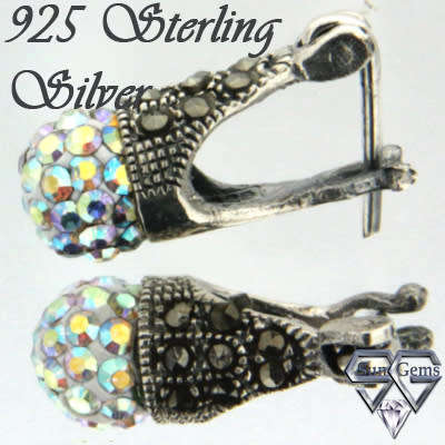 Sterling Silver Earrings 10 mm Marcazite & Crystal Stone