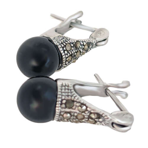 Marcasite Earrings Solid 925 Sterling Silver with black onyx stone