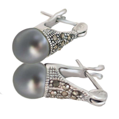 Marcasite Earrings Solid 925 Sterling Silver with silver pearl stone