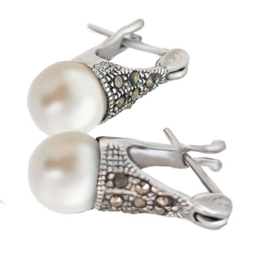 Marcasite Earrings Solid 925 Sterling Silver with  pearl stone