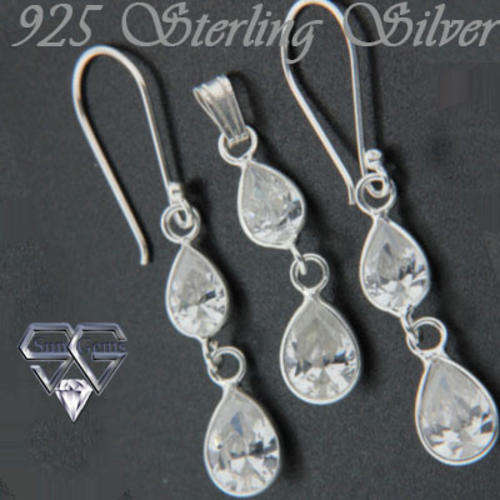 Solid 925 Sterling Silver & CZ Set pendant 28mm & 0.87g & earrings 38mm & 1.92g