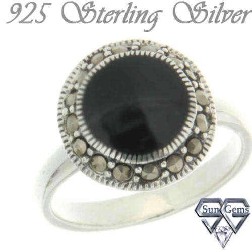 Solid 925 Sterling Silver & Marcazite & Onyx ring 7.5#+ 5.22g