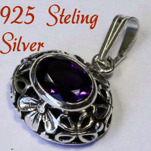 Solid 925 Sterling Silver & Natural  Amethyst Pendant 22mm + 2.55g