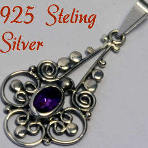 Solid 925 Sterling Silver & Natural  Amethyst Pendant 35mm + 1.65g