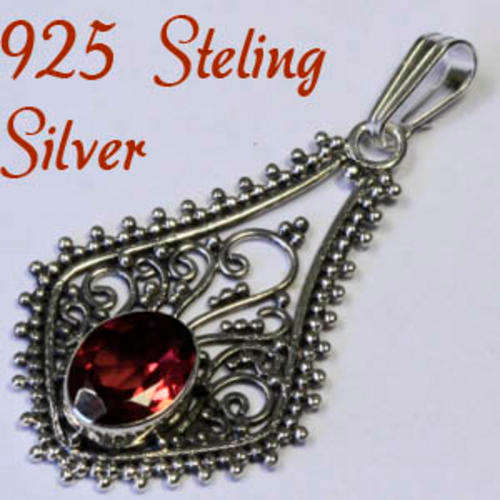 Solid 925 Sterling Silver & Natural  Garnet Pendant 36mm + 1.80g
