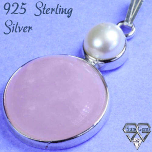 Solid 925 Sterling Silver & Rose Quartz + Pearl pendant 38mm + 5.92g