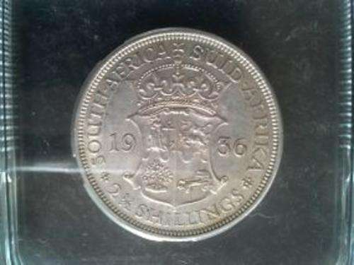 GRADED AU 58 - SOUTH AFRICA 1936 "2.5 SHILLINGS" SILVER COIN.