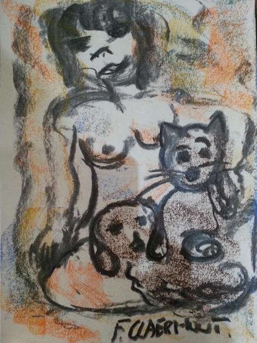 Frans Claerhout - Pastel of Nude Girl with cat and dog