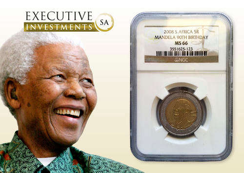 Nelson Mandela 90th Birthday R5 Coin MS 66 NGC Graded