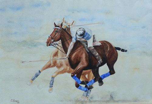 Watercolour painting Polo Players by C Cowper