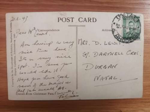 Postcard : Real photographic card of Umtali Rhodesia from Christmas Pass. Used 1943. (stamp damaged)