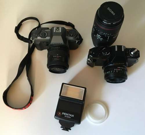 2 SLR Film cameras (Pentax P30t and Casio RF-3) and three lenses