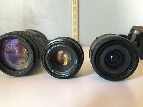 2 SLR Film cameras (Pentax P30t and Casio RF-3) and three lenses