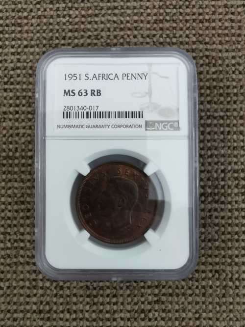 1951 South African Penny - NGC MS63 RB