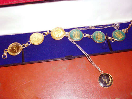 Antique Rhodesia 1/2c coin enamel bracelet and pendant