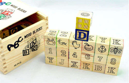 48 pcs ABC Wood Block Kids Educational Teach Building Wooden Blocks Toy New