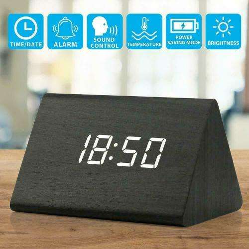 Digital LED Desk Voice Control Alarm Clock Thermometer Modern Wooden Wood