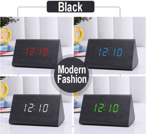 Digital LED Desk Voice Control Alarm Clock Thermometer Modern Wooden Wood