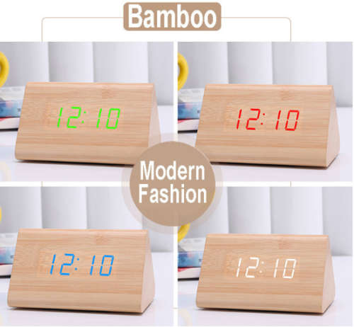 Digital LED Desk Voice Control Alarm Clock Thermometer Modern Wooden Wood