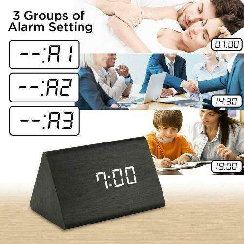 Digital LED Desk Voice Control Alarm Clock Thermometer Modern Wooden Wood