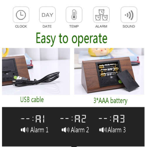 Digital LED Desk Voice Control Alarm Clock Thermometer Modern Wooden Wood